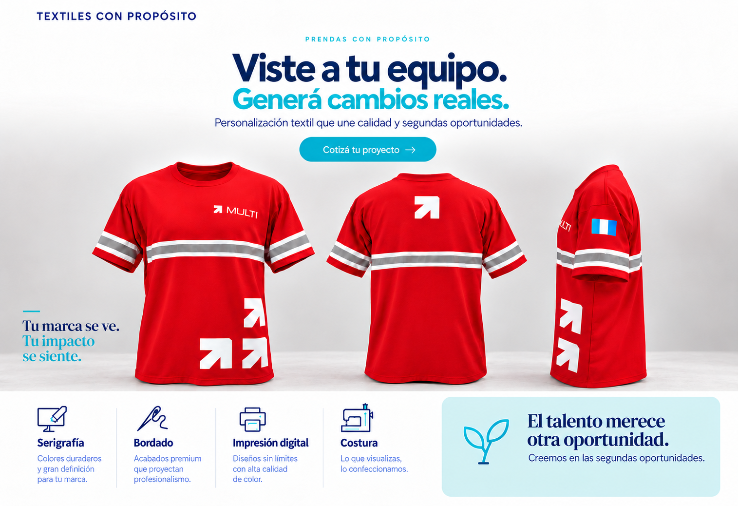 Camiseta roja MULTI: frente, espalda y manga con bandera de Guatemala.
